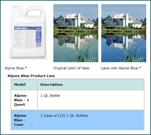 Aquatic Dye - Alpine Blue - Lake Management Floating Fountains Aeration Irrigation Pump Systems Dallas Fort Worth Texas